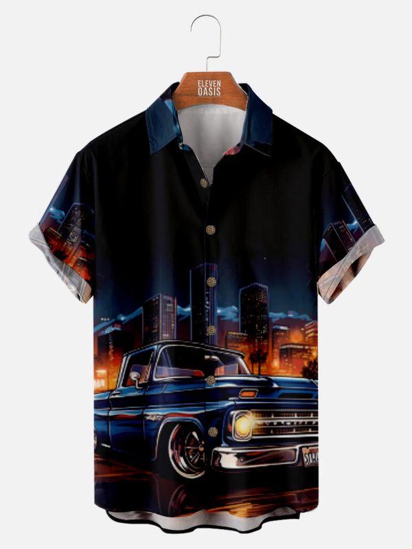 Men's Hawaiian Shirt - Retro Night Drive Classic Car Skyline Print Polyester Summer Shirt