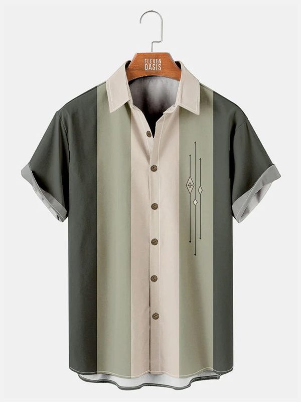 Men's Hawaiian Shirt - Color Block Striped Casual Bowling Style Summer Shirt