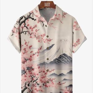 Men's Hawaiian Shirt - Mt. Fuji and Cherry Blossom Print Japanese Style Summer Shirt