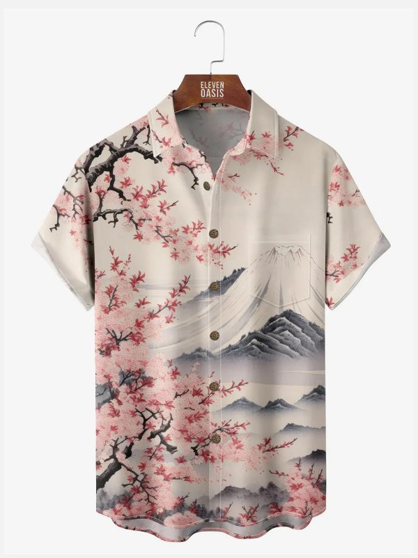 Men's Hawaiian Shirt - Mt. Fuji and Cherry Blossom Print Japanese Style Summer Shirt