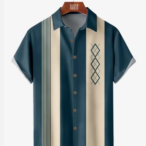 Men's Hawaiian Shirt - Geometric Print Moisture-Wicking Bowling Style Summer Shirt