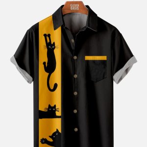 Men's Hawaiian Shirt - Funny Cats Bowling Design Casual Polyester Summer Shirt