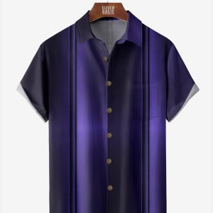 Men's Hawaiian Shirt - Purple Gradient Stripes Casual Polyester Everyday Summer Shirt