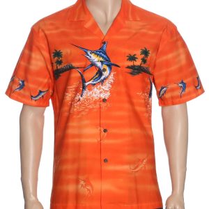 Men's Hawaiian Shirt - Polyester Marlin Fishing Border Aloha Print Shirt