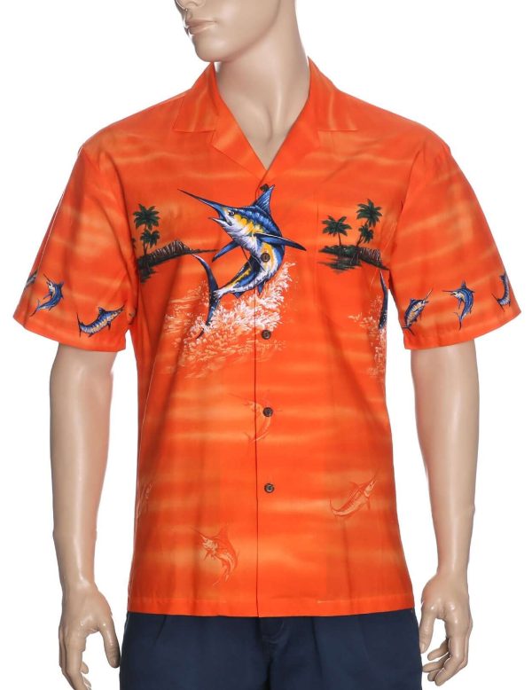 Men's Hawaiian Shirt - Polyester Marlin Fishing Border Aloha Print Shirt