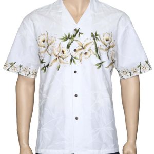 Men's Hawaiian Shirt - Polyester Orchids Border White Aloha Print Shirt