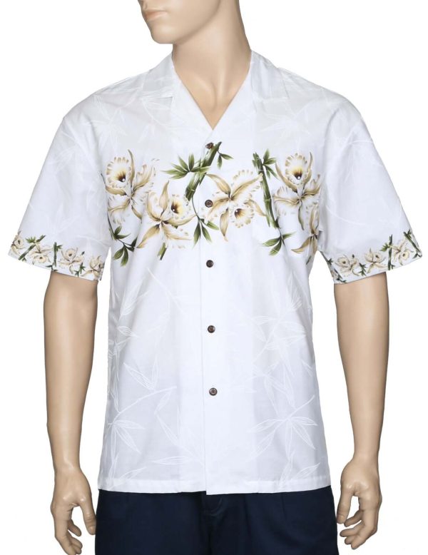 Men's Hawaiian Shirt - Polyester Orchids Border White Aloha Print Shirt