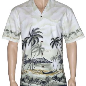 Men's Hawaiian Shirt - Polyester Palms and Diamond Head Aloha Print Shirt