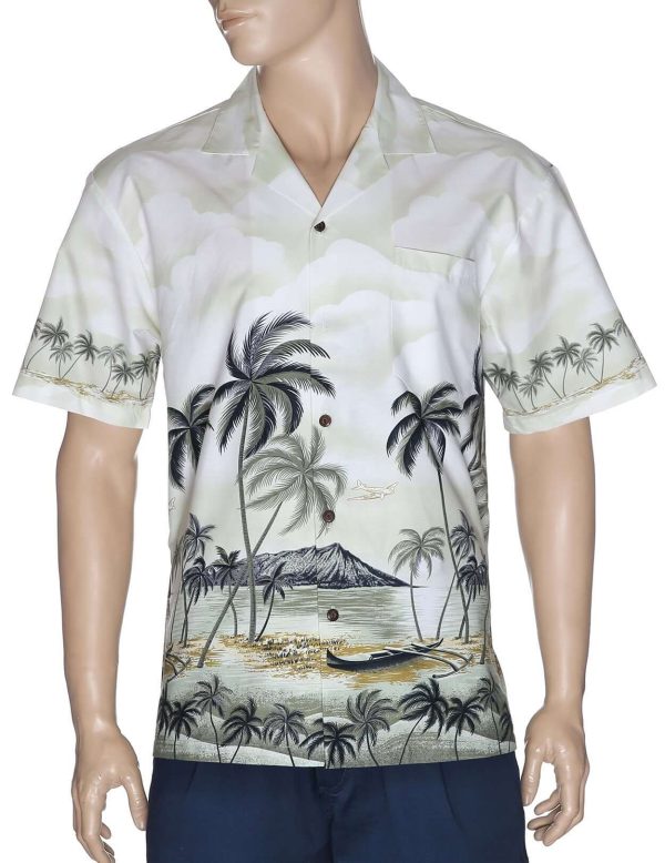 Men's Hawaiian Shirt - Polyester Palms and Diamond Head Aloha Print Shirt