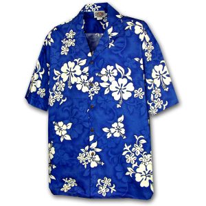 Men's Hawaiian Shirt - White Flower Blue Print Polyester Casual Summer Shirt