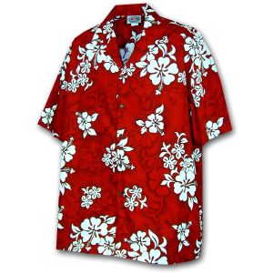 Men's Hawaiian Shirt - White Flower Red Print Polyester Casual Summer Shirt