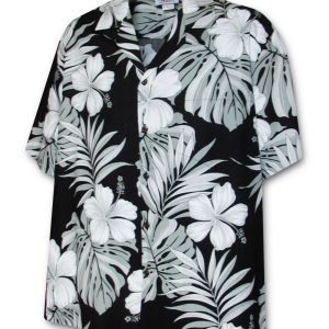 Men's Hawaiian Shirt - Big Hibiscus Black Print Polyester Casual Summer Shirt