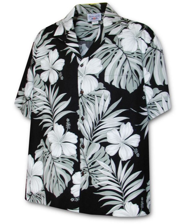 Men's Hawaiian Shirt - Big Hibiscus Black Print Polyester Casual Summer Shirt