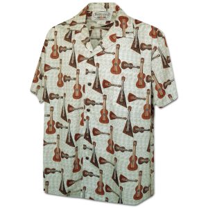 Men's Hawaiian Shirt - Ukulele Time Cream Print Polyester Casual Summer Shirt