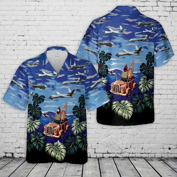 U.S. Air Force MQ-9A Reaper Hawaiian Shirt for Men - Military Aircraft Design & Tropical Elements, Perfect for Aviation Fans