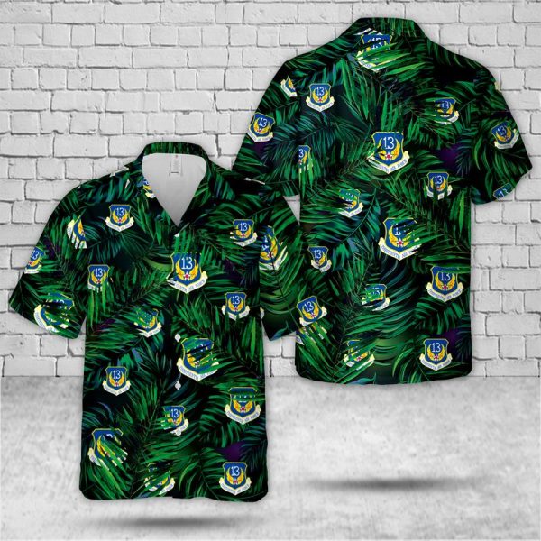 US Air Force Thirteenth Air Force (PACAF) Hawaiian Shirt for Men - Military Emblem & Tropical Leaf Design, Perfect for Veterans and Air Force Fans