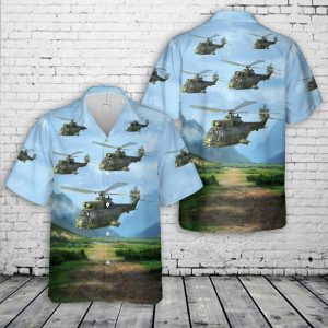 Royal Air Force Puma Helicopter Hawaiian Shirt for Men - Military Helicopter & Scenic Landscape Design, Perfect for Aviation Fans