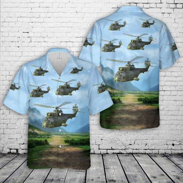 Royal Air Force Puma Helicopter Hawaiian Shirt for Men - Military Helicopter & Scenic Landscape Design, Perfect for Aviation Fans