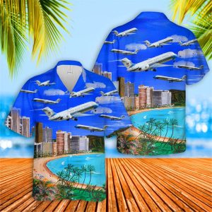 Air Force VC-9C Hawaiian Shirt for Men - Military Aircraft Design & Tropical Scenery, Perfect for Aviation Fans