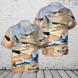 U.S. Air Force MQ-9A Reaper Hawaiian Shirt for Men - Military Drone & Tropical Beach Scene, Perfect for Aviation Enthusiasts