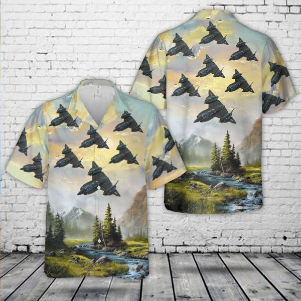 U.S. Air Force YF-12A Hawaiian Shirt for Men - Military Aircraft Design & Tropical Elements, Perfect for Aviation Fans