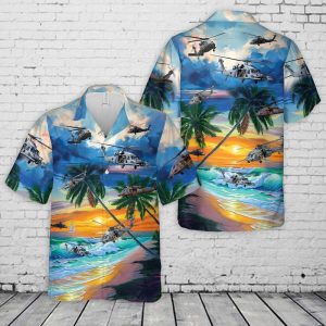 US Air Force Sikorsky HH-60 Pave Hawk Hawaiian Shirt for Men - Military Helicopter & Tropical Palm Tree Design, Perfect for Veterans and Air Force Fans