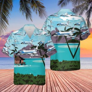 US Air Force One Lockheed VC-140B Jetstar Hawaiian Shirt for Men - Military Aircraft & Tropical Design, Perfect for Aviation Enthusiasts