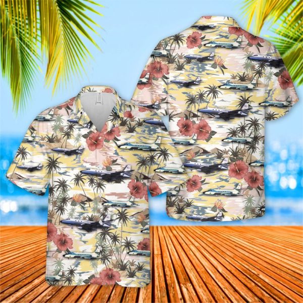 US Air Force Lockheed Jetstar Hawaiian Shirt for Men - Military Aircraft & Tropical Floral Design, Perfect for Aviation Fans