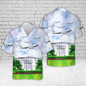 VC-25 Air Force One Hawaiian Shirt for Men - Military Aircraft Design & Tropical Elements, Perfect for Aviation Fans