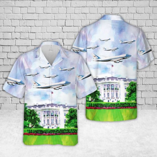 VC-25 Air Force One Hawaiian Shirt for Men - Military Aircraft Design & Tropical Elements, Perfect for Aviation Fans
