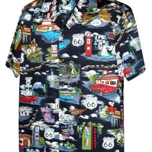 Men's Hawaiian Shirt - Polyester Route 66 Open Collar Aloha Print Shirt