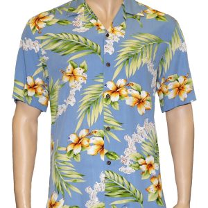 Men's Hawaiian Shirt - Polyester Sky Blue Tuberose Aloha Print Shirt