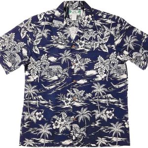 Men's Hawaiian Shirt - Love Shack Navy Print Polyester Casual Summer Shirt