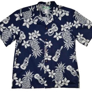 Men's Hawaiian Shirt - Ukulele Navy Print Polyester Casual Summer Shirt