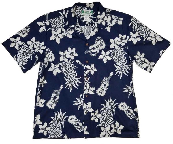 Men's Hawaiian Shirt - Ukulele Navy Print Polyester Casual Summer Shirt