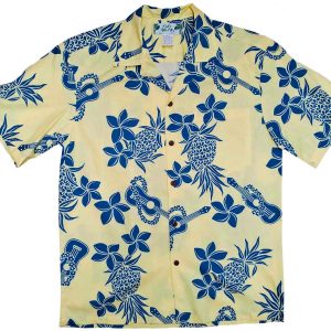 Men's Hawaiian Shirt - Ukulele Yellow Print Polyester Casual Summer Shirt