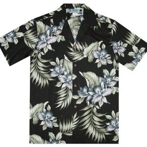 Men's Hawaiian Shirt - Triple Orchid Black Print Polyester Casual Summer Shirt