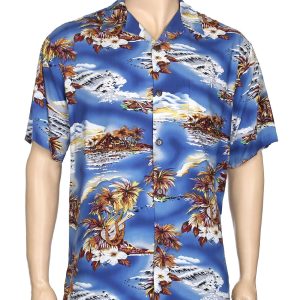 Men's Hawaiian Shirt - Polyester Ukulele Royal Blue Aloha Print Shirt