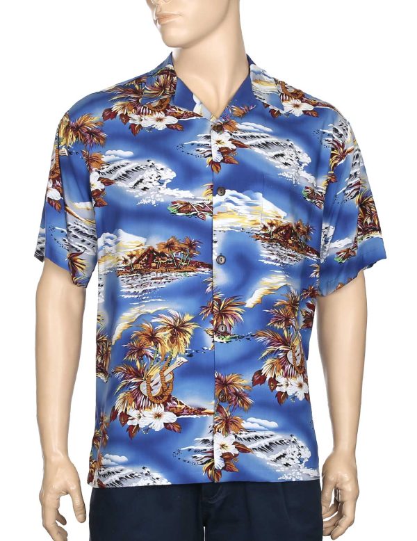 Men's Hawaiian Shirt - Polyester Ukulele Royal Blue Aloha Print Shirt