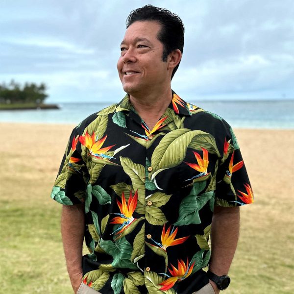 Men's Hawaiian Shirt - Airbrush Bird of Paradise Black Print Polyester Casual Summer Shirt - Image 2