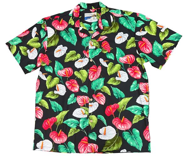 Men's Hawaiian Shirt - Anthurium Garden Black Print Polyester Casual Summer Shirt