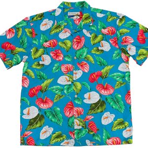 Men's Hawaiian Shirt - Anthurium Garden Turquoise Print Polyester Casual Summer Shirt