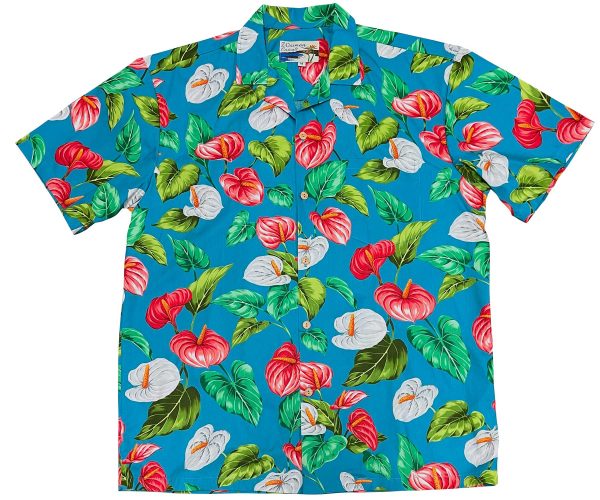 Men's Hawaiian Shirt - Anthurium Garden Turquoise Print Polyester Casual Summer Shirt