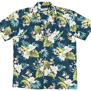Men's Hawaiian Shirt - Cattleya Dream Navy Print Polyester Casual Summer Shirt