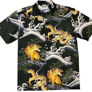 Men's Hawaiian Shirt - Dragons & Tigers Black Print Polyester Casual Summer Shirt