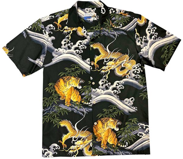 Men's Hawaiian Shirt - Dragons & Tigers Black Print Polyester Casual Summer Shirt