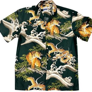 Men's Hawaiian Shirt - Dragons & Tigers Green Print Polyester Casual Summer Shirt