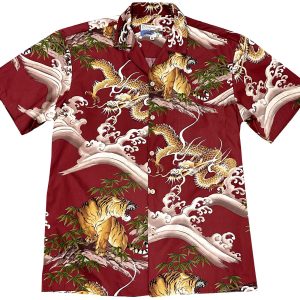 Men's Hawaiian Shirt - Dragons & Tigers Red Print Polyester Casual Summer Shirt