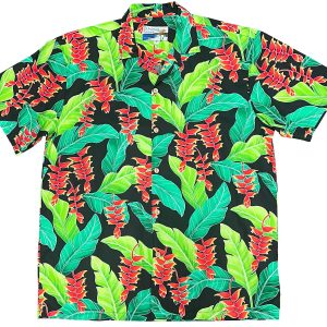 Men's Hawaiian Shirt - Hanging Heliconia Black Print Polyester Casual Summer Shirt