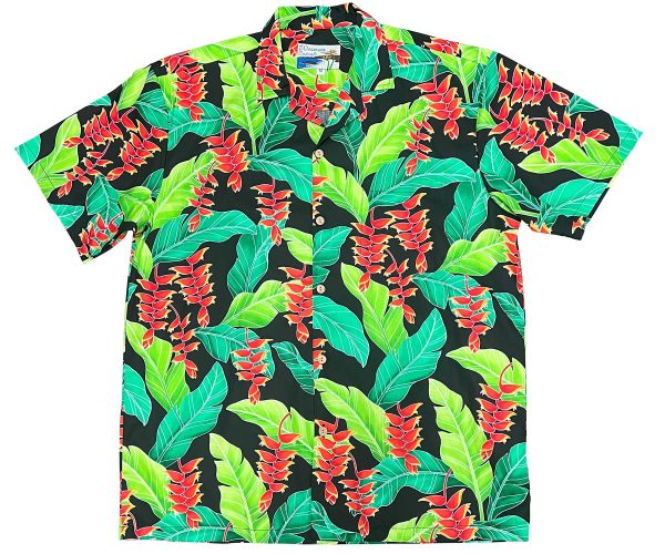 Men's Hawaiian Shirt - Hanging Heliconia Black Print Polyester Casual Summer Shirt